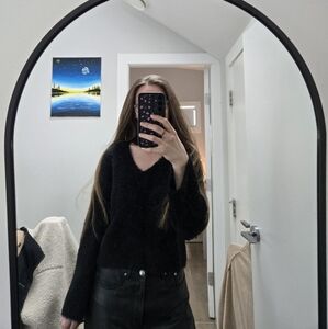 Black Fuzzy V-Neck Sweater